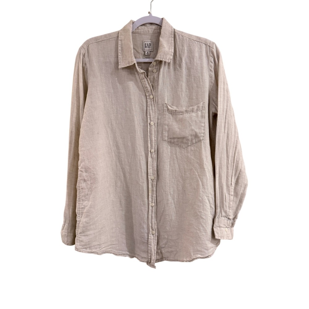 GAP LS Linen BF SH Flax Linen Women Medium Beige Long Sleeve Button Up Coastal